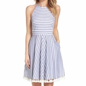 Eliza J Blue & White Striped Halter Dress – Pom Pom Hem, Size 6